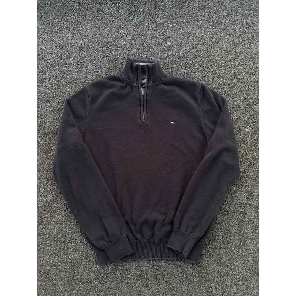Tommy‎ Hilfiger Mens Quarter Zip Sweater Size S Navy Cotton Flag Logo